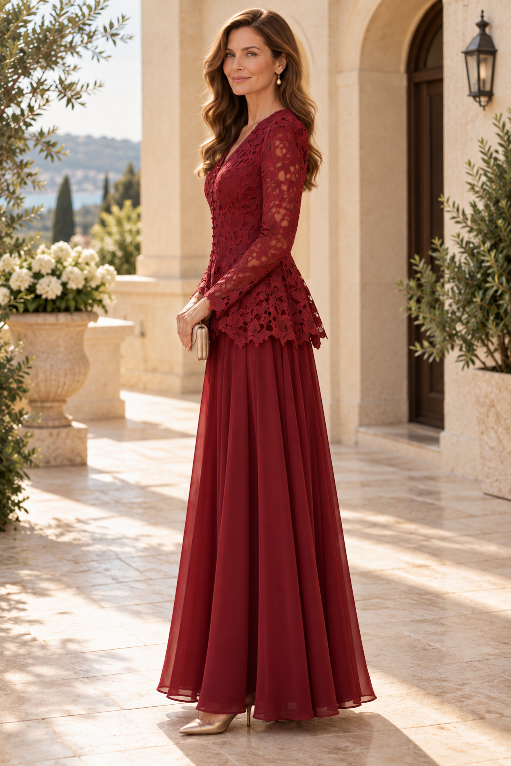 Lace Peplum Long Sleeve Floor-Length Evening Dress