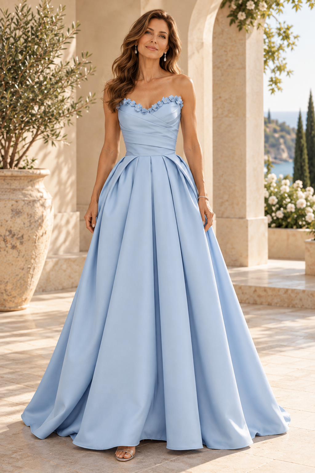 Strapless Pleated A-Line Gown with 3D Flowers