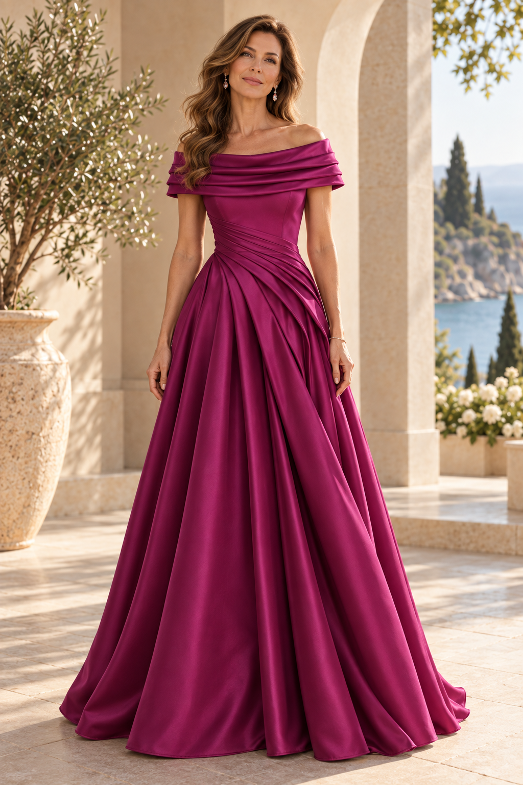 Off-the-Shoulder Pleated Satin A-Line Gown