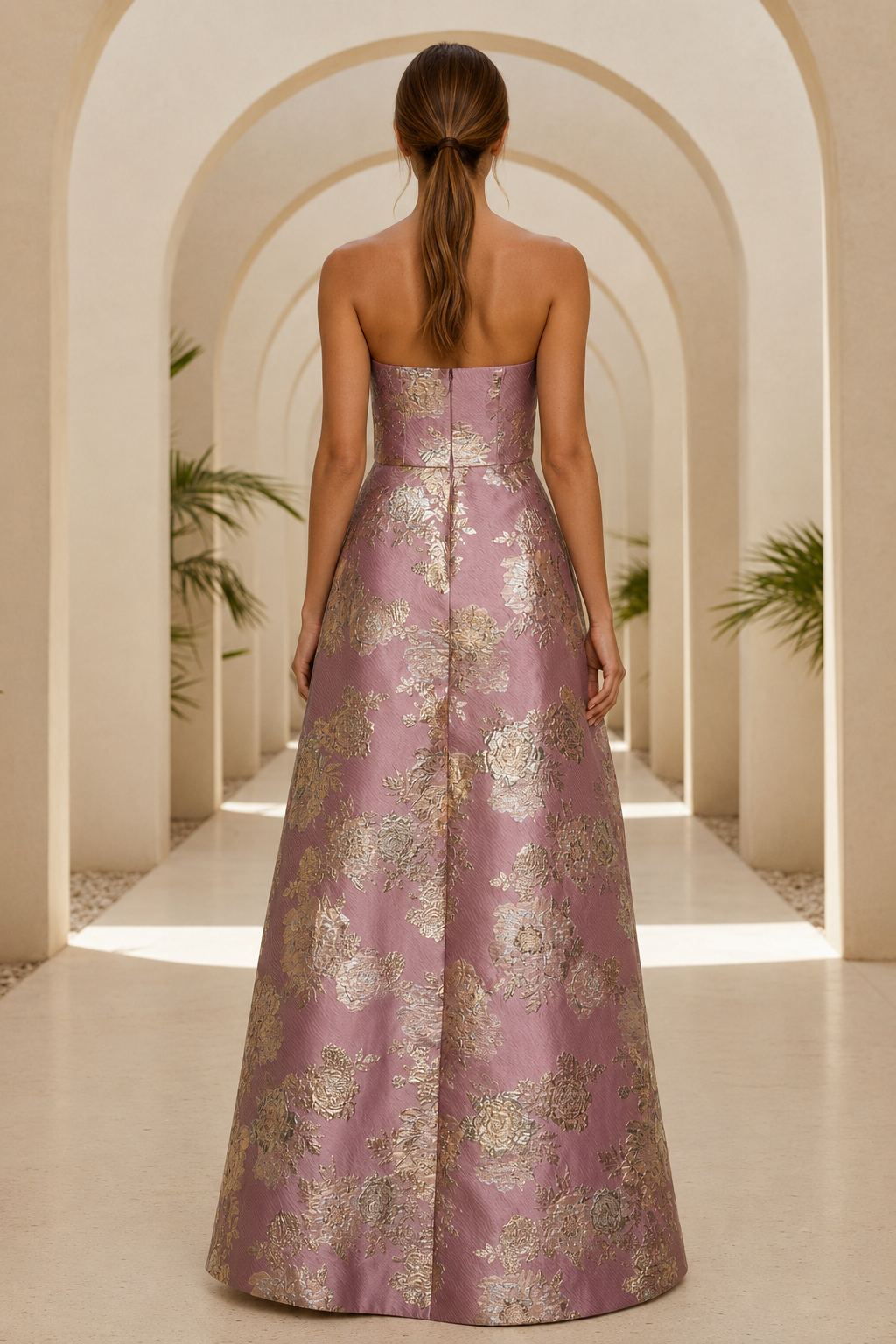 Trägerloses Abendkleid aus floralem Jacquard in A-Linie