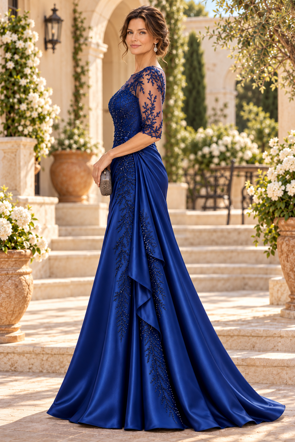 Embroidered Illusion Evening Gown with Draped Skirt