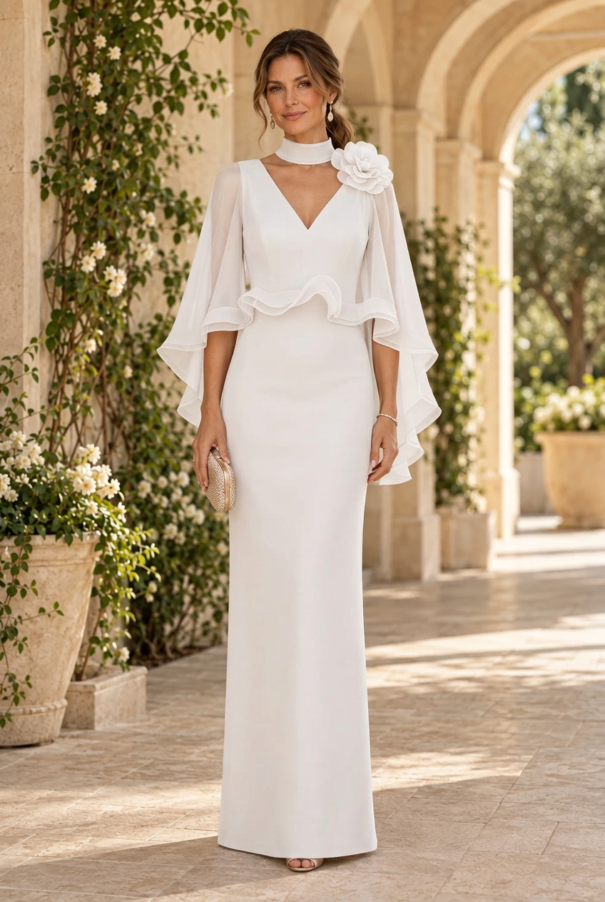 High Neck Cape Sleeve Column Gown with Floral Accent