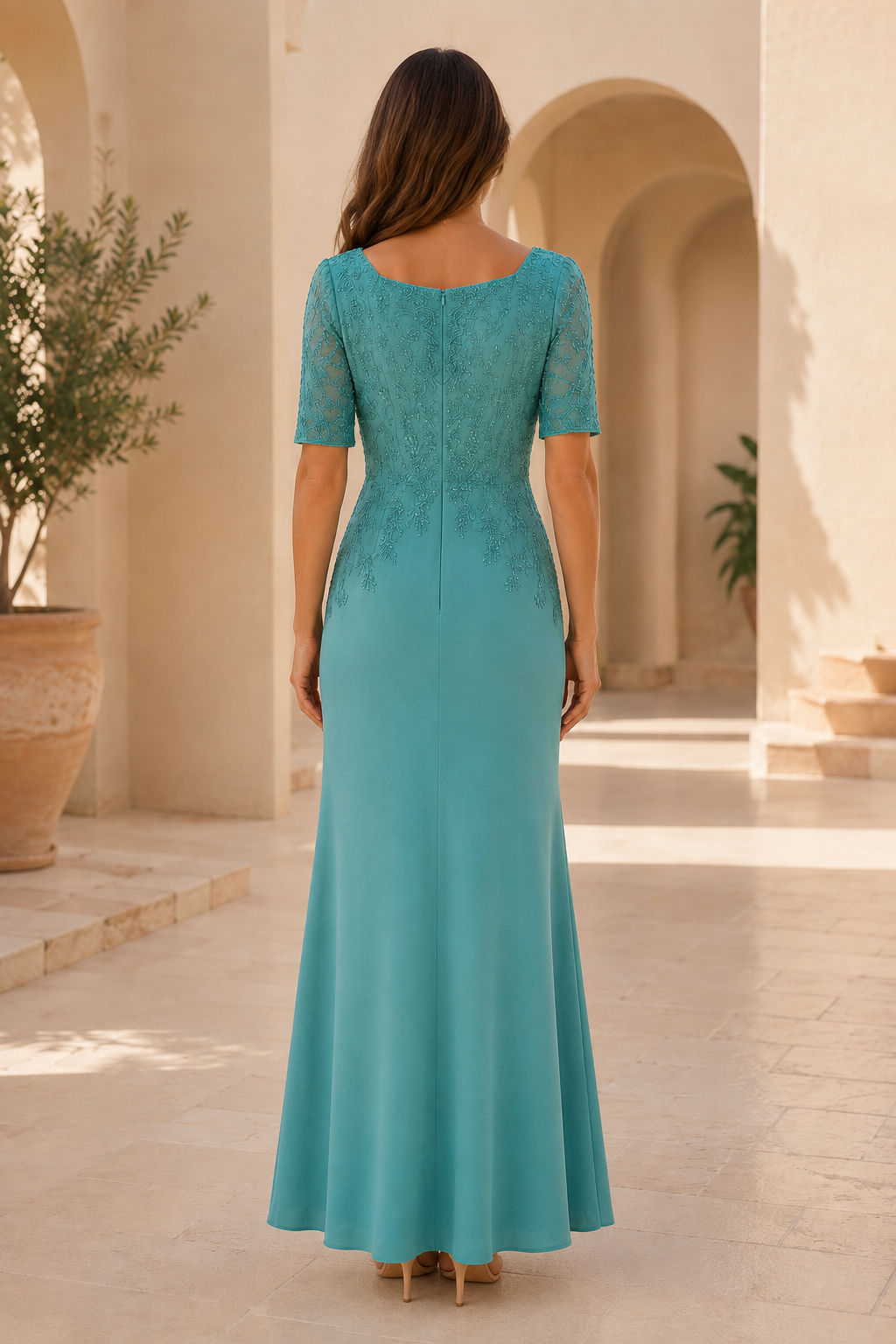 Abendkleid mit eckigem Ausschnitt und Spitzenapplikationen