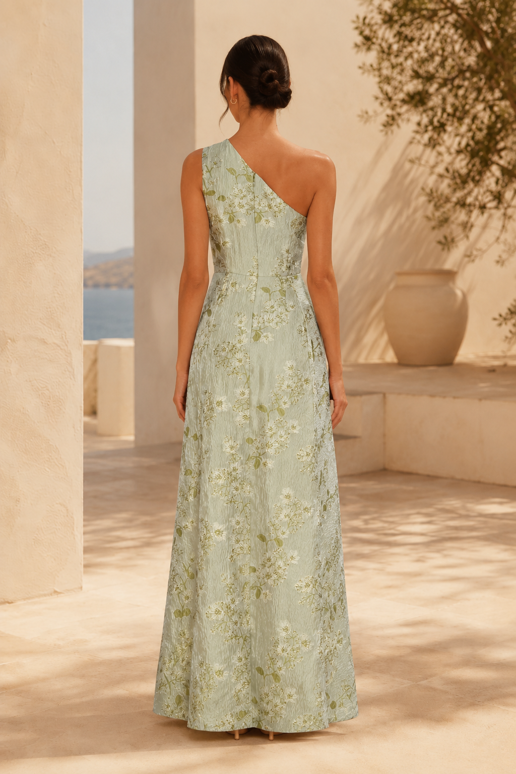 Blumen-Jacquard-Abendkleid mit One-Shoulder-Träger und A-Linie