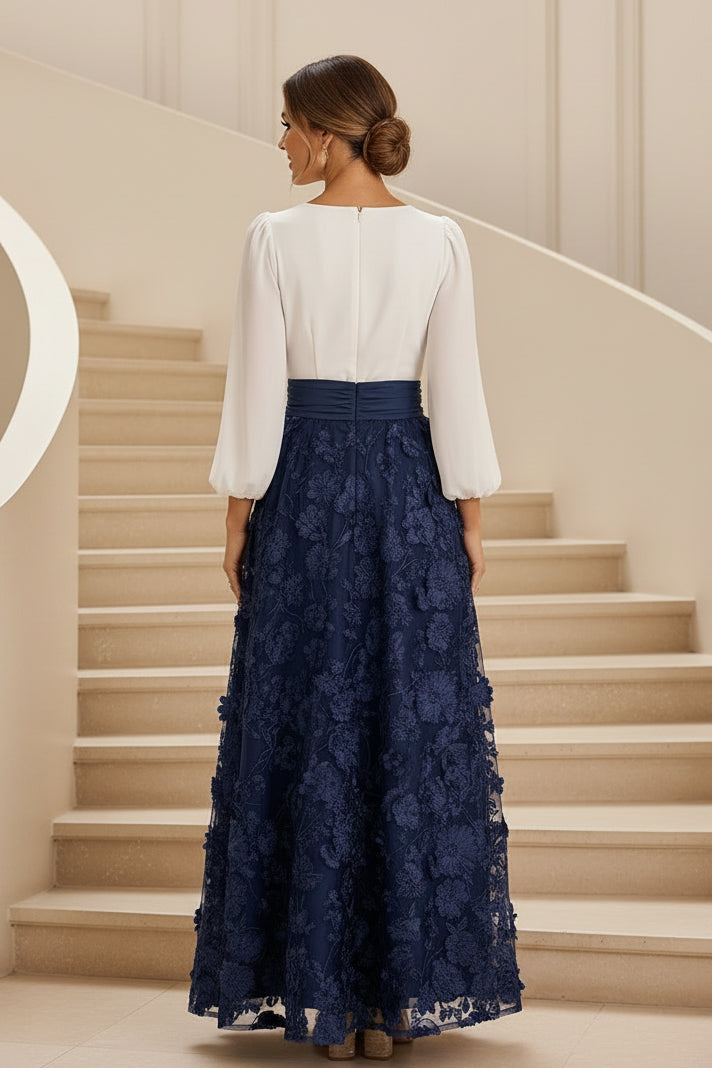 Langärmeliges V-Ausschnitt Maxikleid mit 3D-Blumenmuster für den Abend