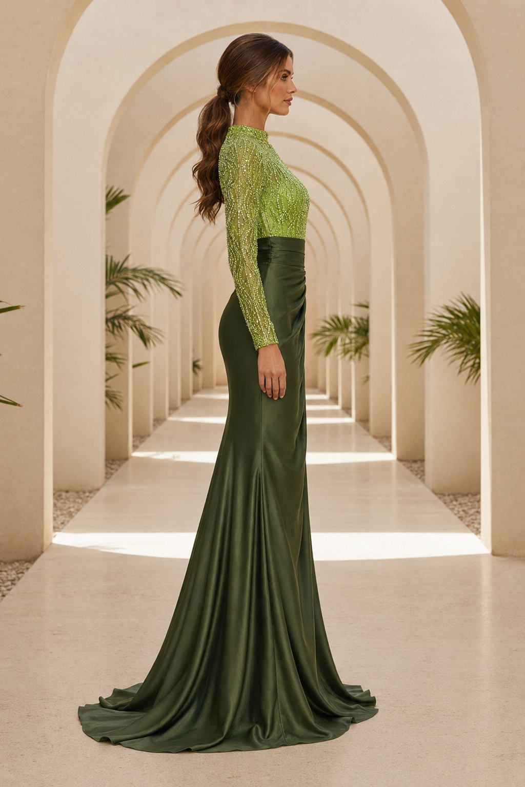 Meerjungfrauenkleid mit hohem Ausschnitt und Perlenstickerei