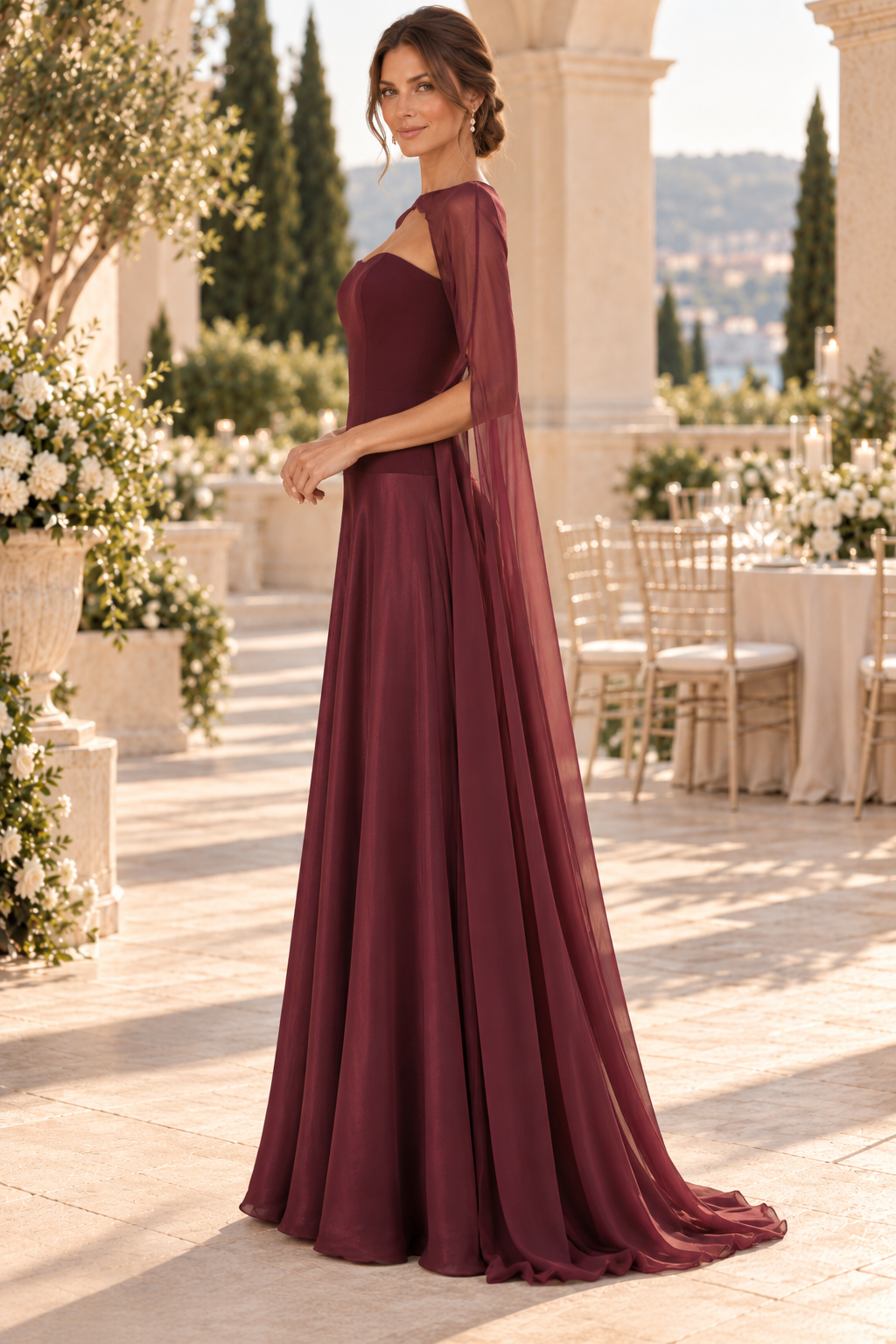 A-Line Gown with Cut-Out Neckline & Cape Sleeves