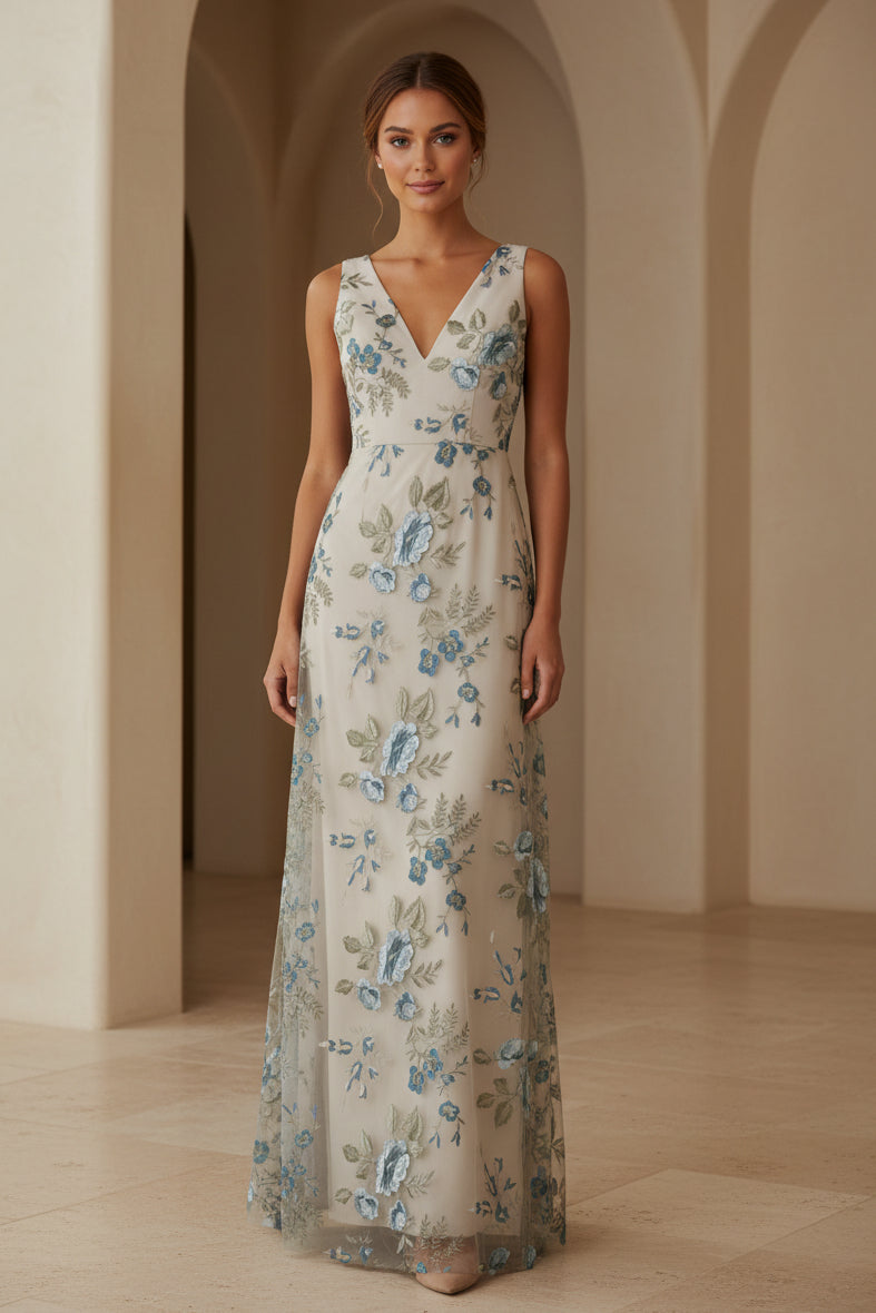 Geblümtes, besticktes A-Linien-Kleid mit V-Ausschnitt