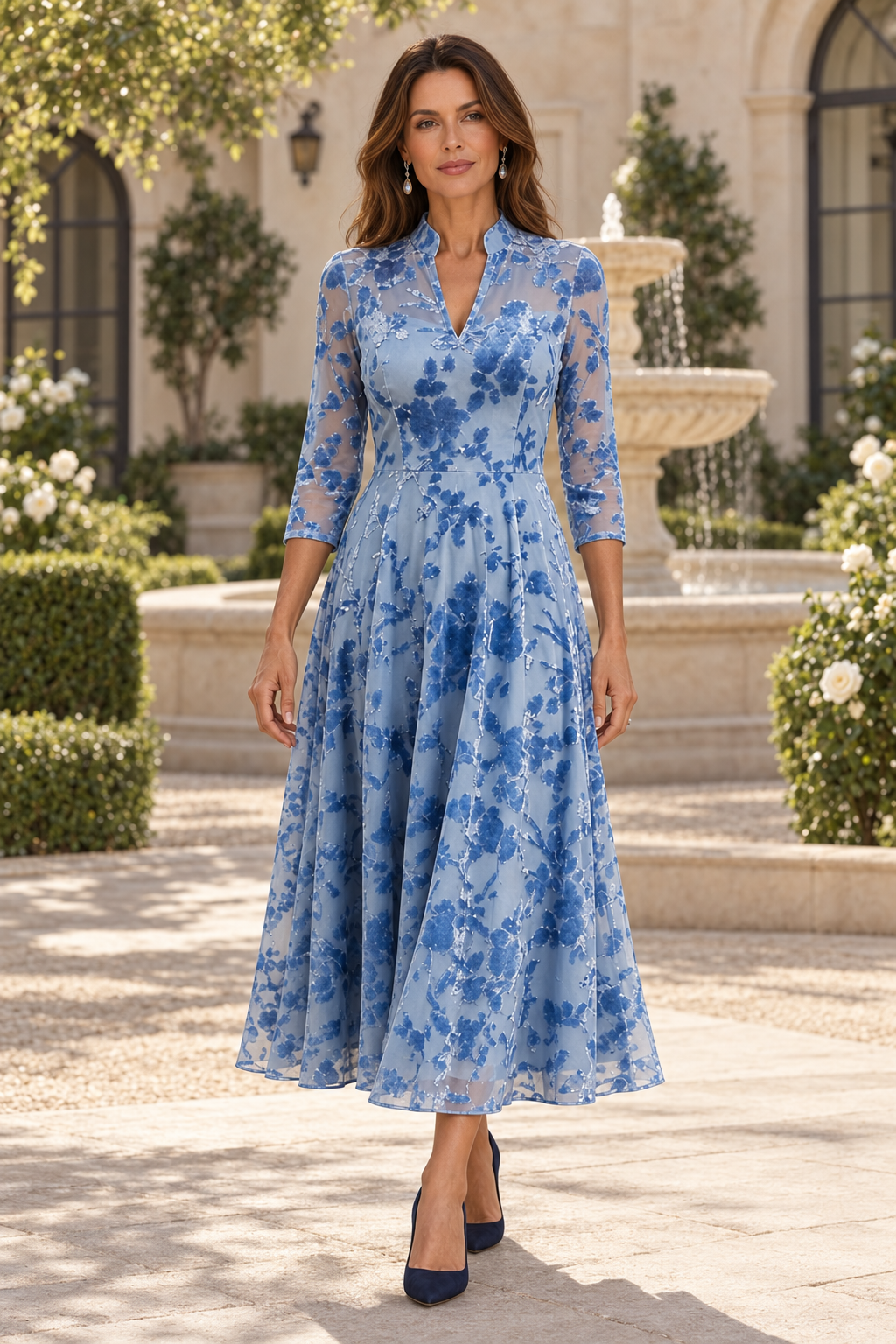 Floral Burnout V-Neck A-Line Midi Dress