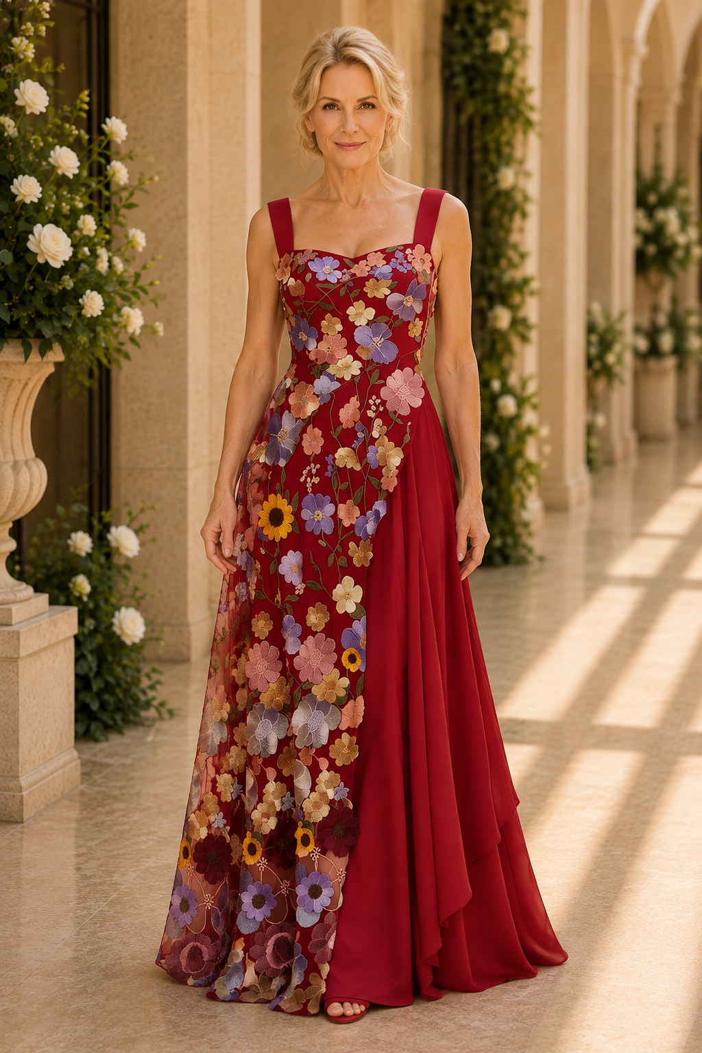 Besticktes florales asymmetrisches A-Linien-Kleid