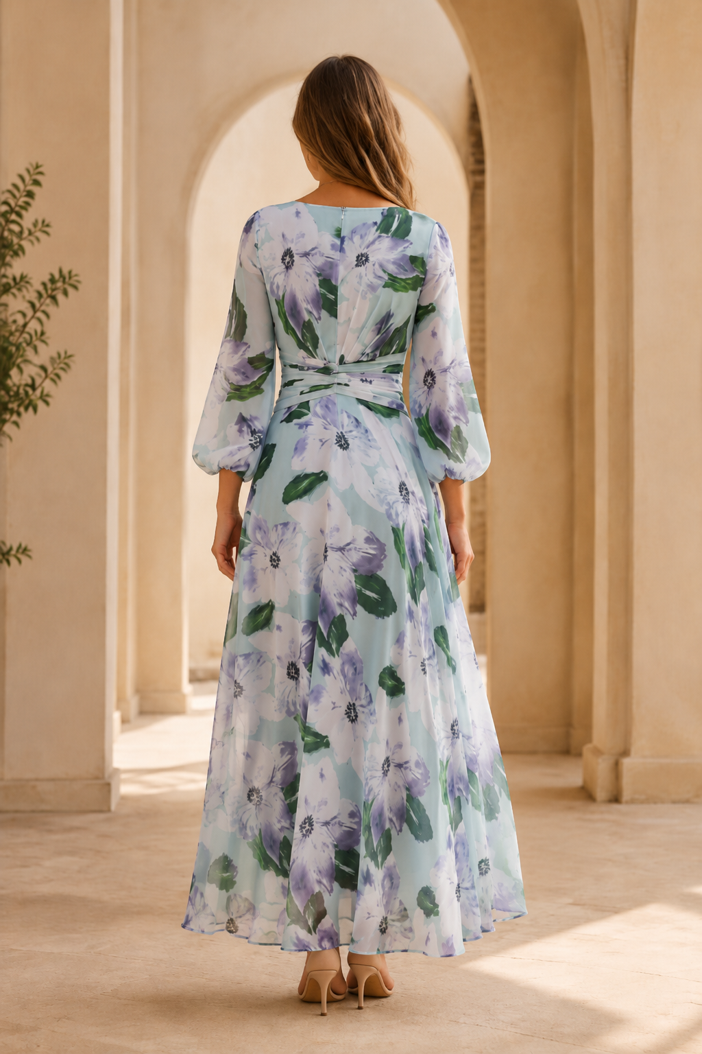 Maxikleid mit Blumenmuster, V-Ausschnitt und langen Ärmeln