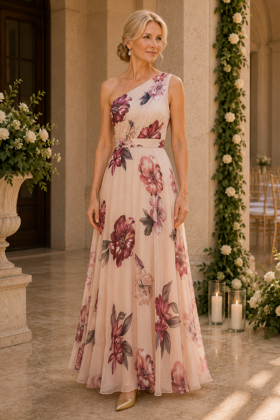 Geblümtes One-Shoulder A-Linien Maxikleid