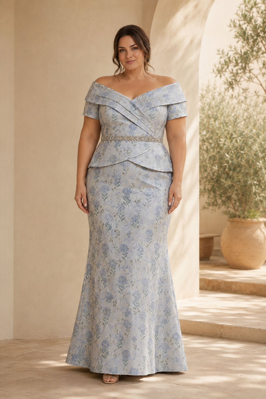 Schulterfreies Peplum-Jacquard-Meerjungfrauenkleid