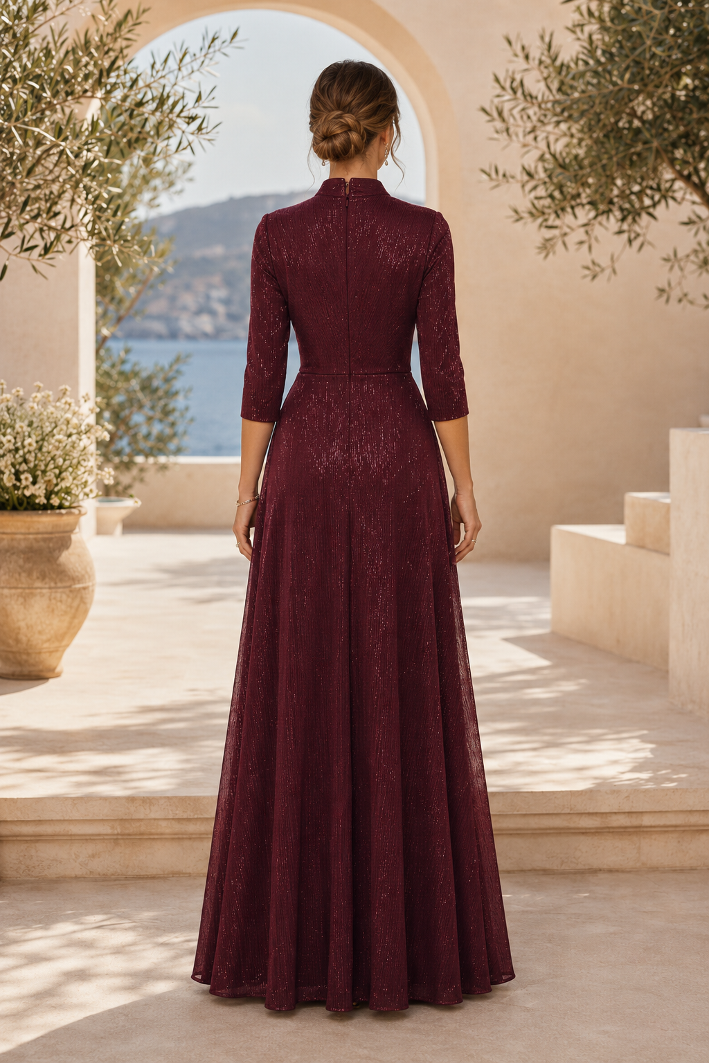 A-Linien-Kleid mit 3/4-Ärmeln und seitlicher Kaskadenrüsche