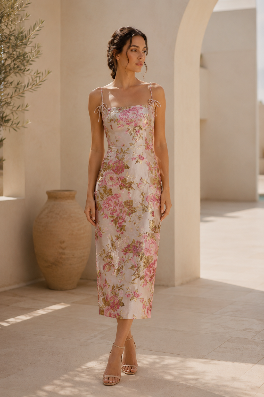 Florales Jacquard-Midikleid mit Bindeträgern