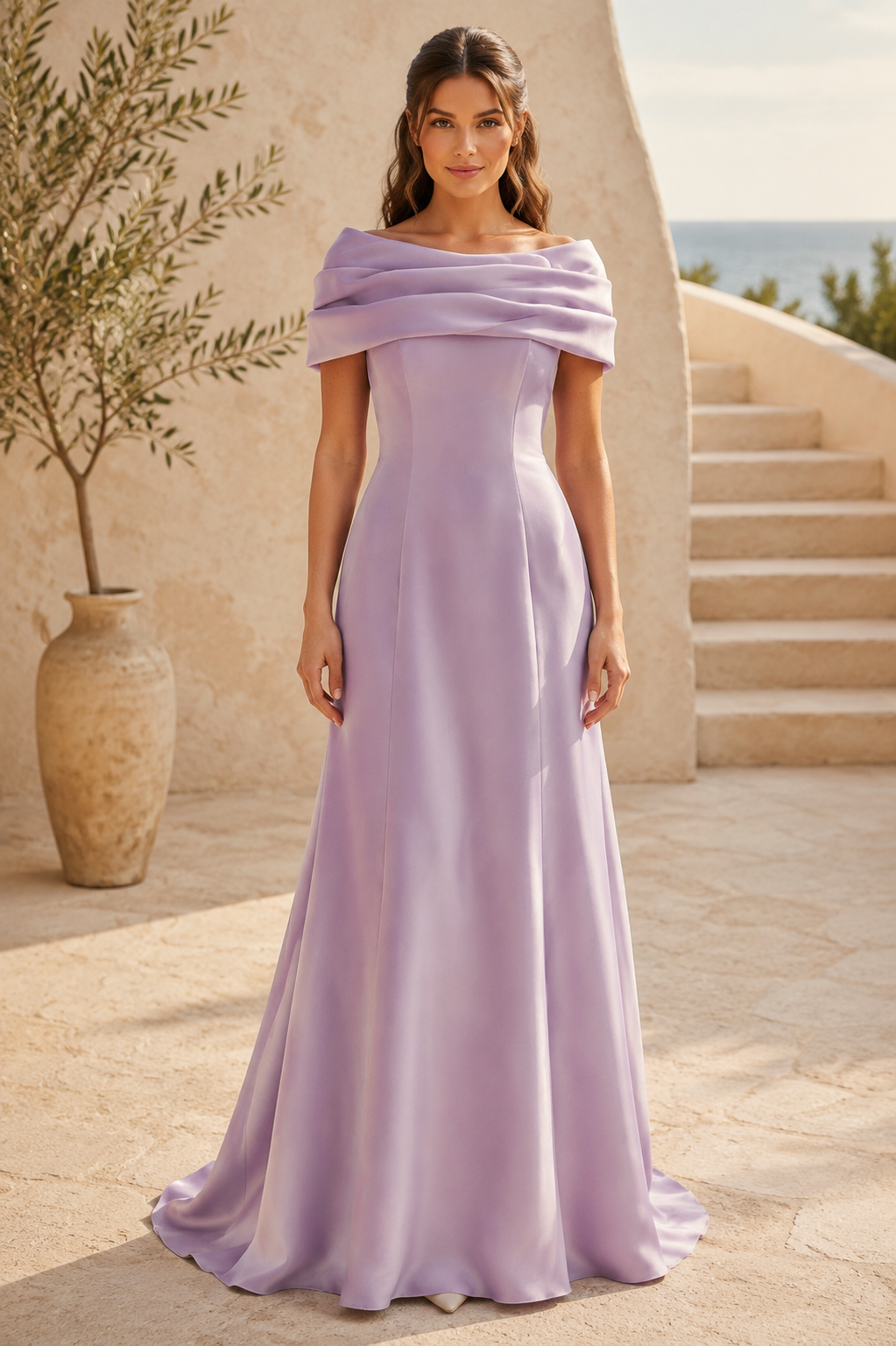 Schulterfreies Satin-Kleid mit Schleife am Rücken