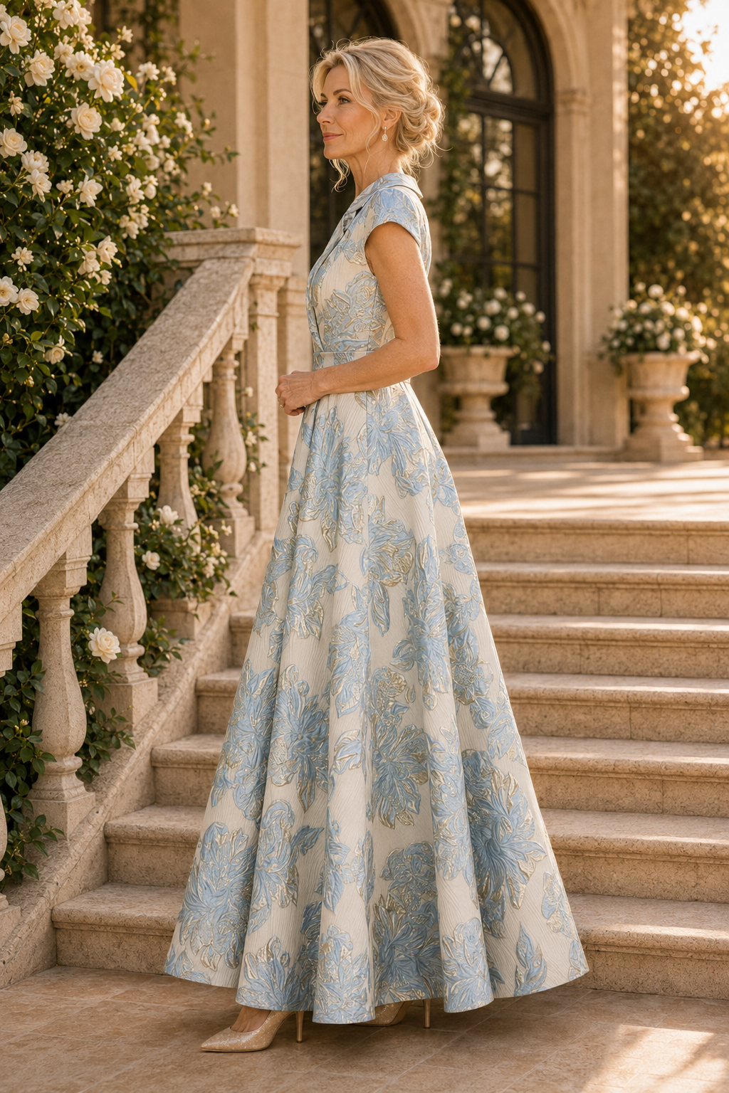Geblümtes Jacquard-Kleid mit Kappärmeln und A-Linie