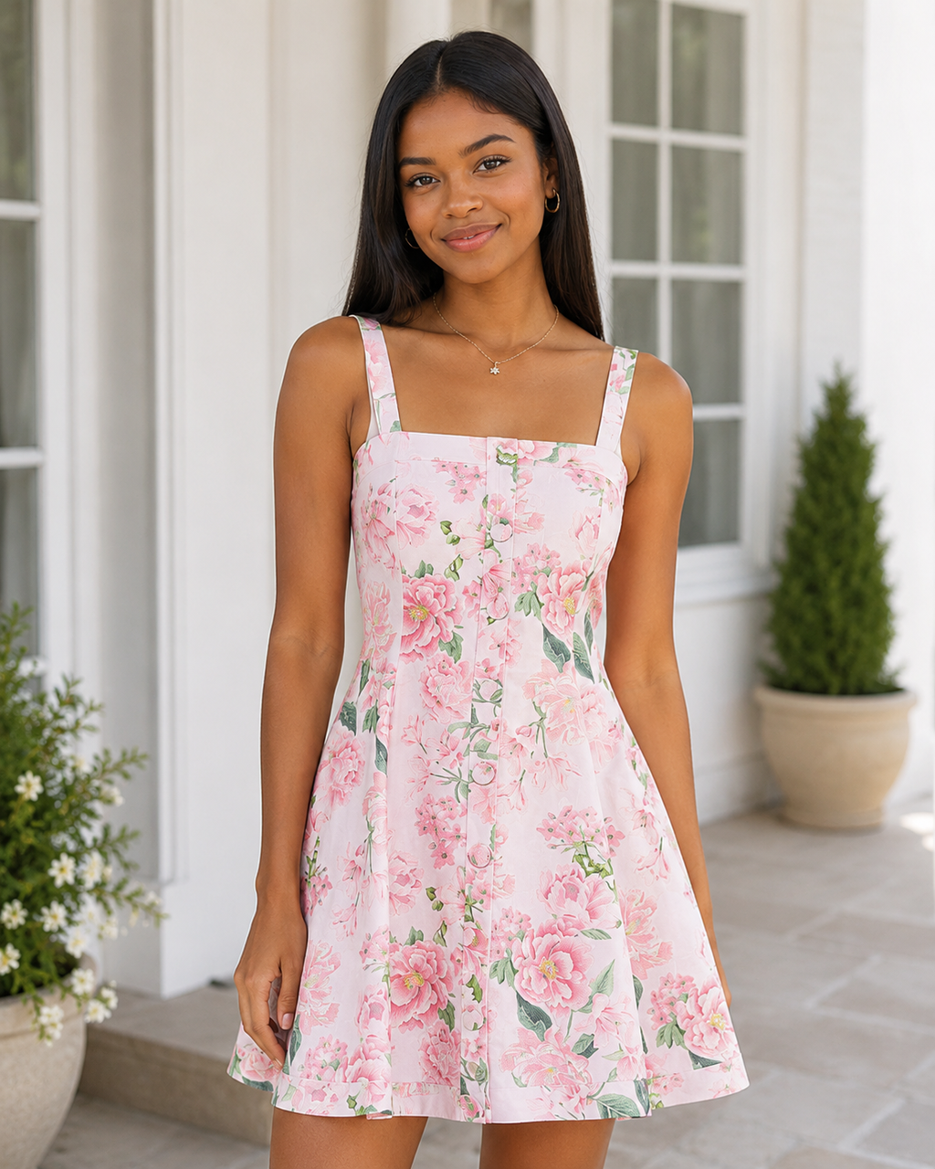 Mini-Kleid mit Blumenmuster, eckigem Ausschnitt und ausgestelltem Rock