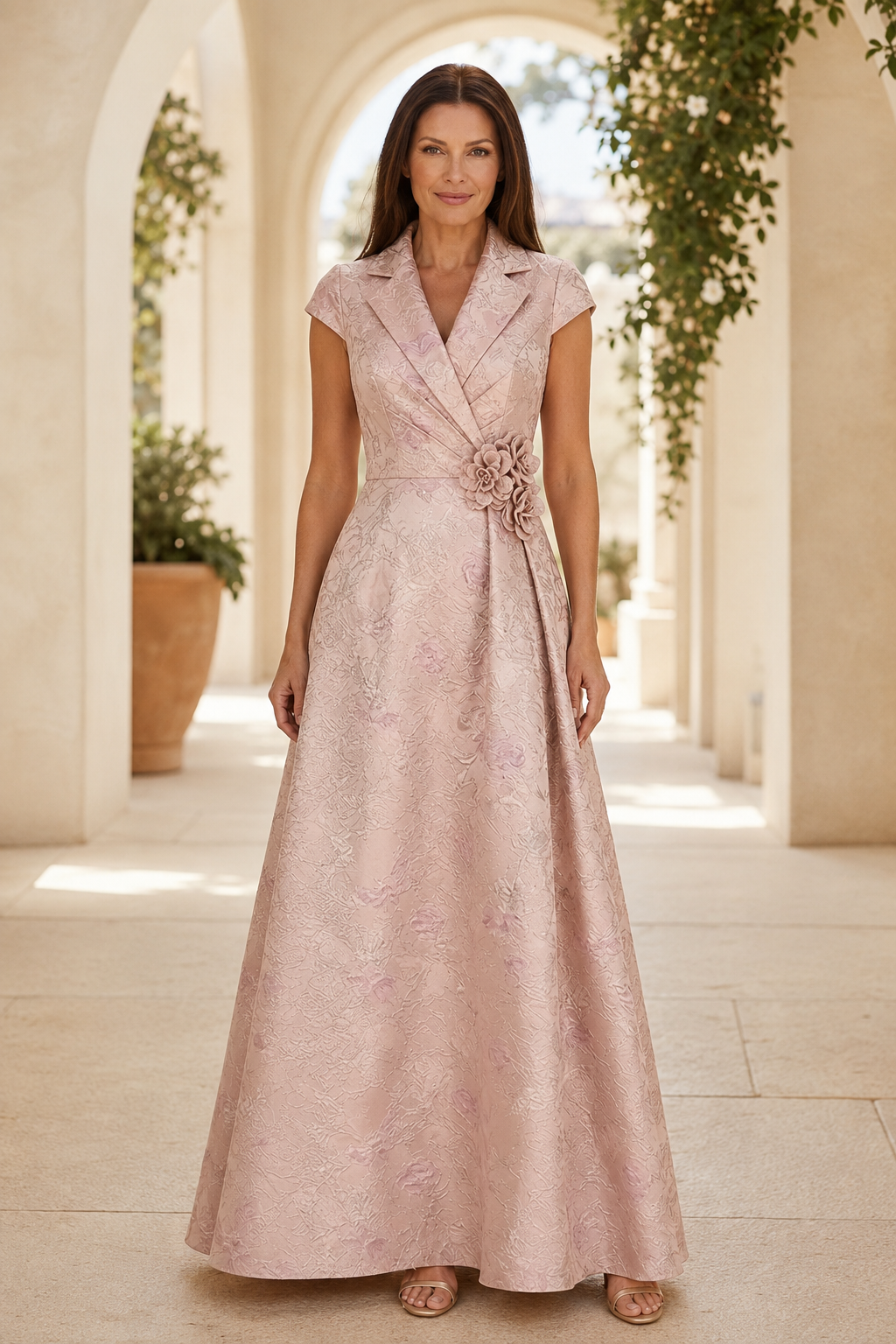 Abendkleid aus Jacquard mit Kerbkragen und Flügelärmeln