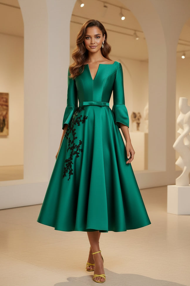 Satin-A-Linien-Midikleid mit ausgestellten Ärmeln und Schleife