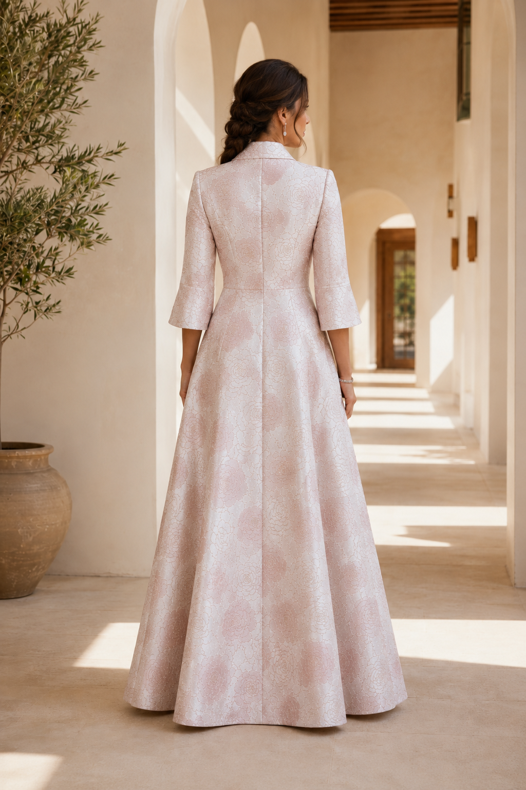 Geblümtes A-Linien-Jacquardkleid mit 3/4-Glockenärmeln