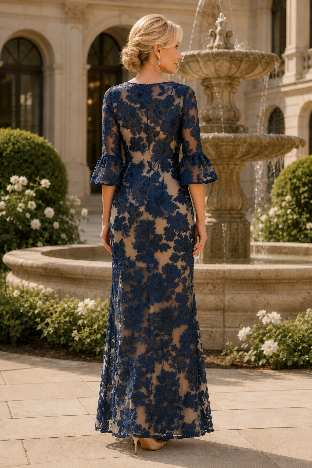 Blumenspitzen-Abendkleid mit Glockenärmeln und bodenlangem Saum