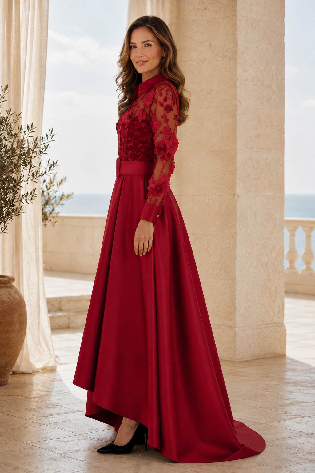 3D-Blumen-Spitzenhemdkleid mit High-Low-Rock