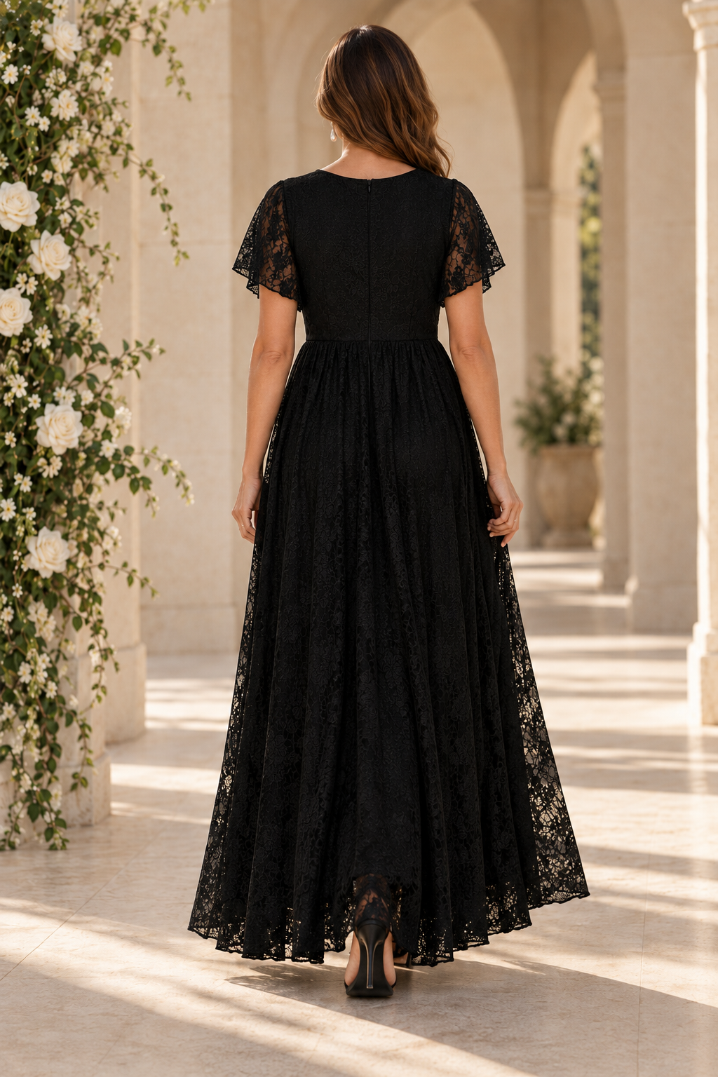 Lace Wrap High-Low Maxi Dress with Flutter Sleeves