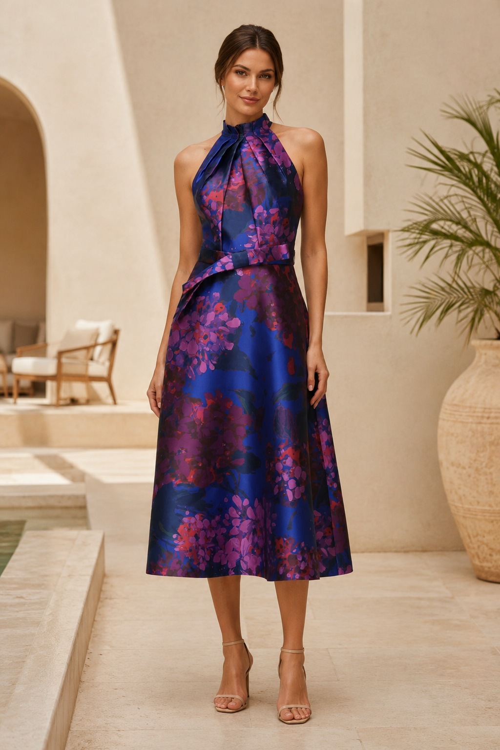 Neckholder A-Linien-Midikleid mit Blumenmuster