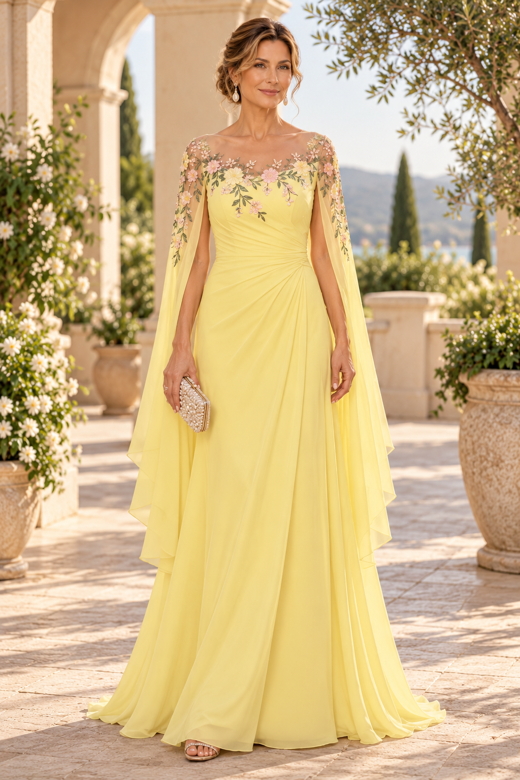 Floral Embroidered Capelet Evening Gown