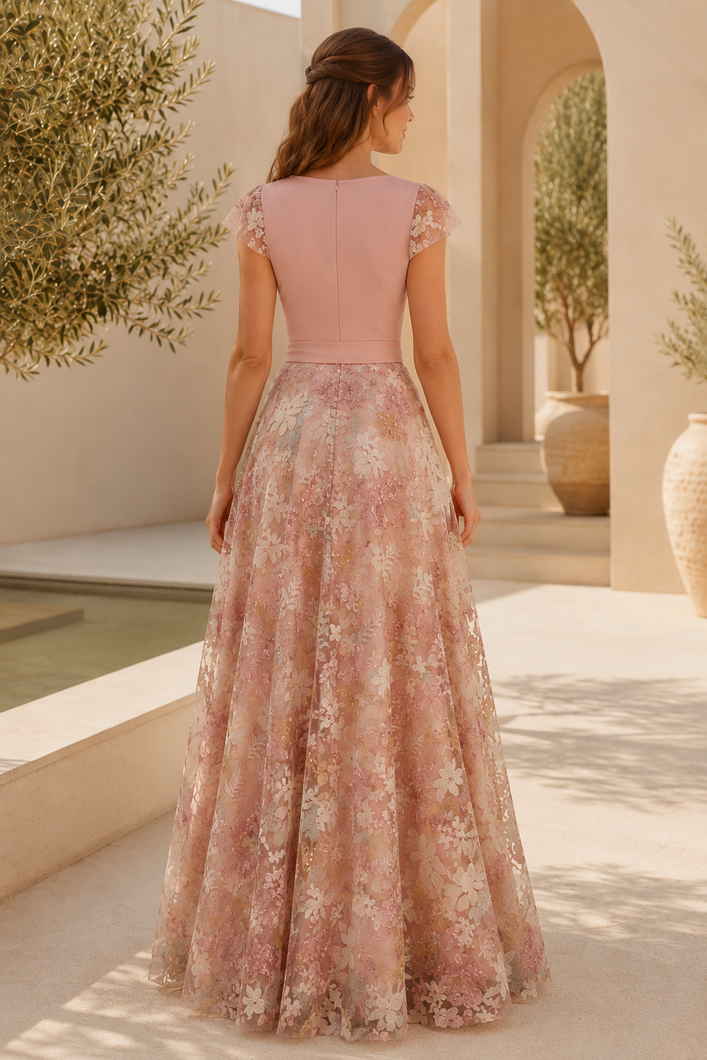 Abendkleid aus Spitze mit V-Ausschnitt, A-Linie und Schärpe