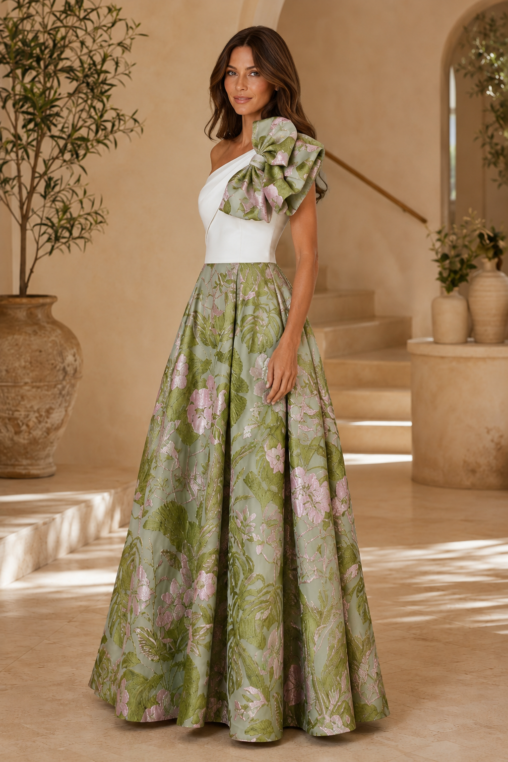 Blumen-Jacquard-Abendkleid mit One-Shoulder-Träger und A-Linie