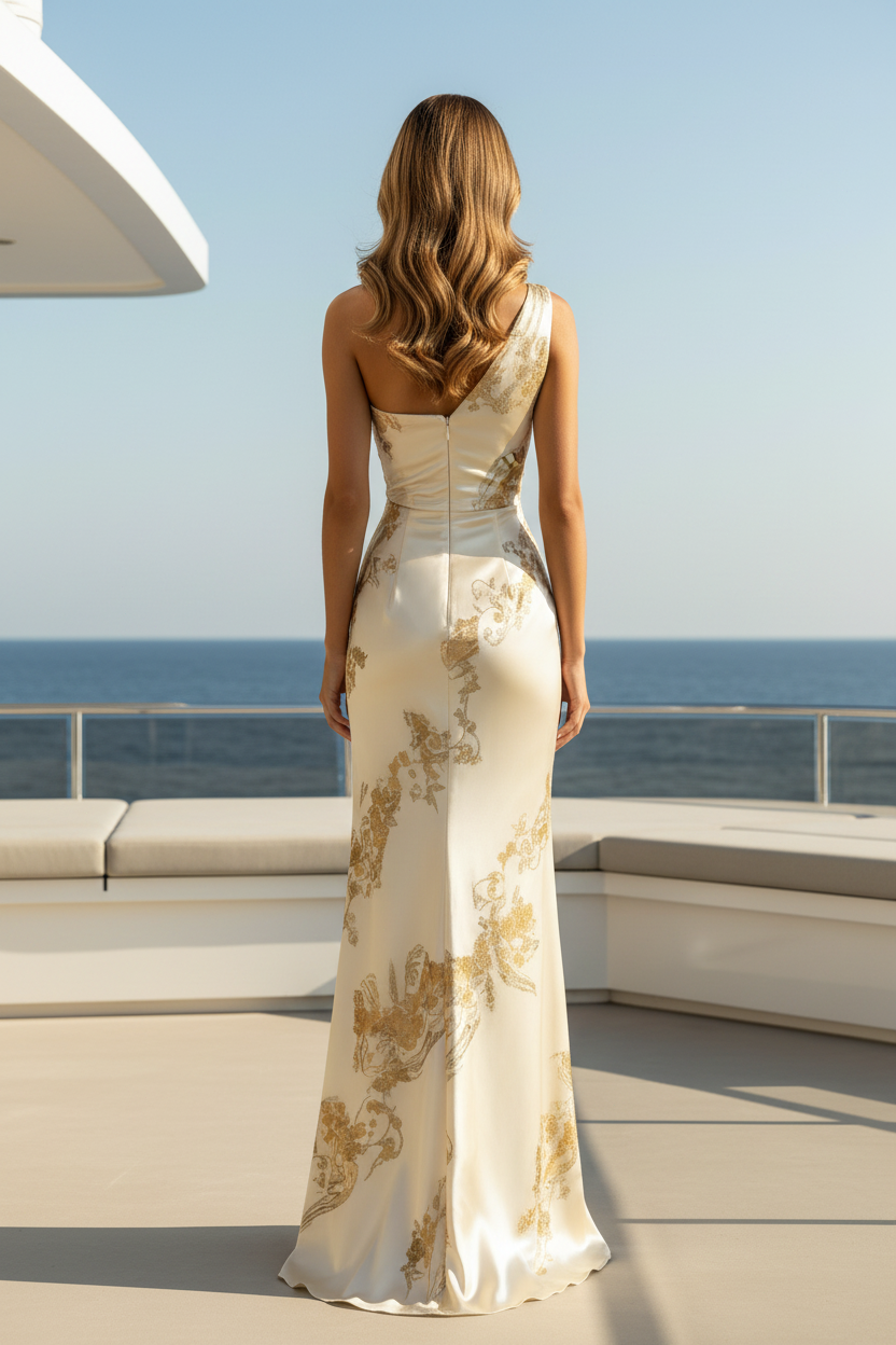 Ein-Schulter-Säulenkleid aus Satin mit Blumenmuster und Metallic-Glanz