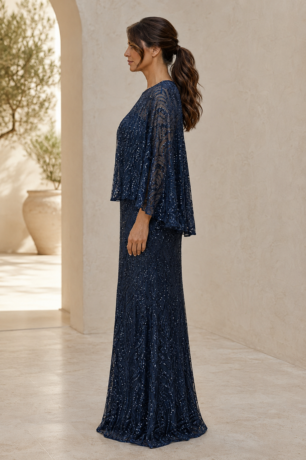Pailletten-Cape-Overlay bodenlanges Abendkleid