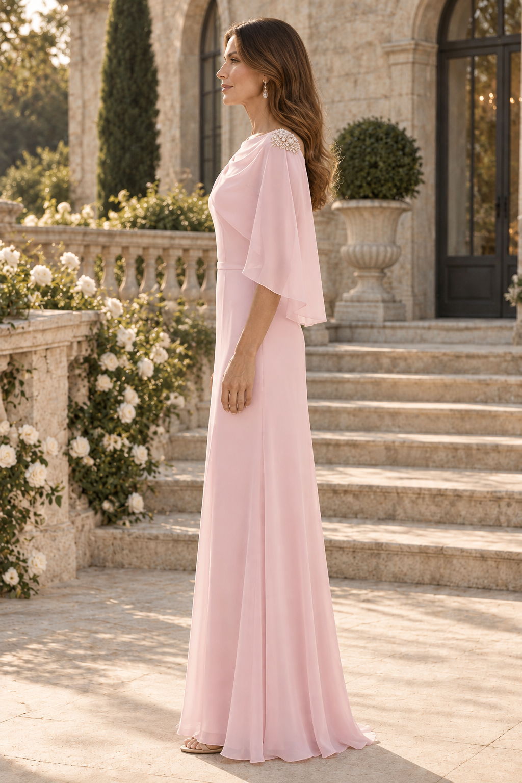 Chiffon Capelet Formal Gown with Beaded Brooch