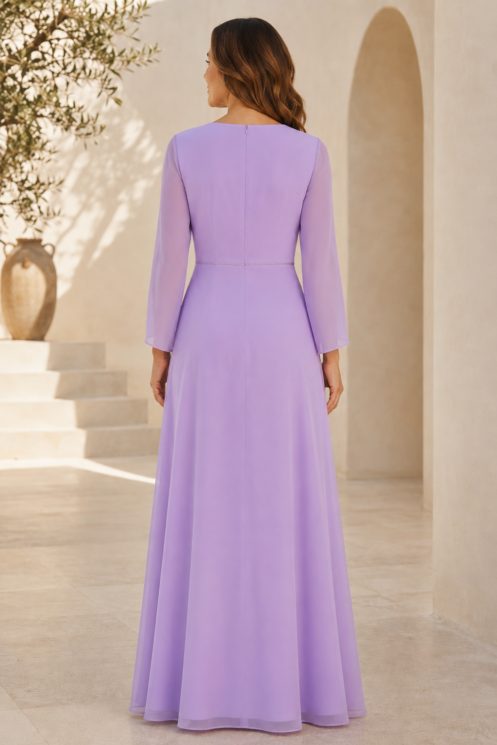 Plissiertes Chiffon-Abendkleid in A-Linie mit Ärmeln