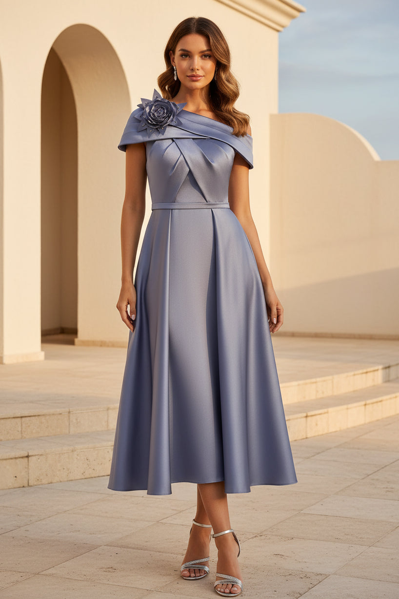Einarmiges Satin-A-Linien-Teelangenkleid