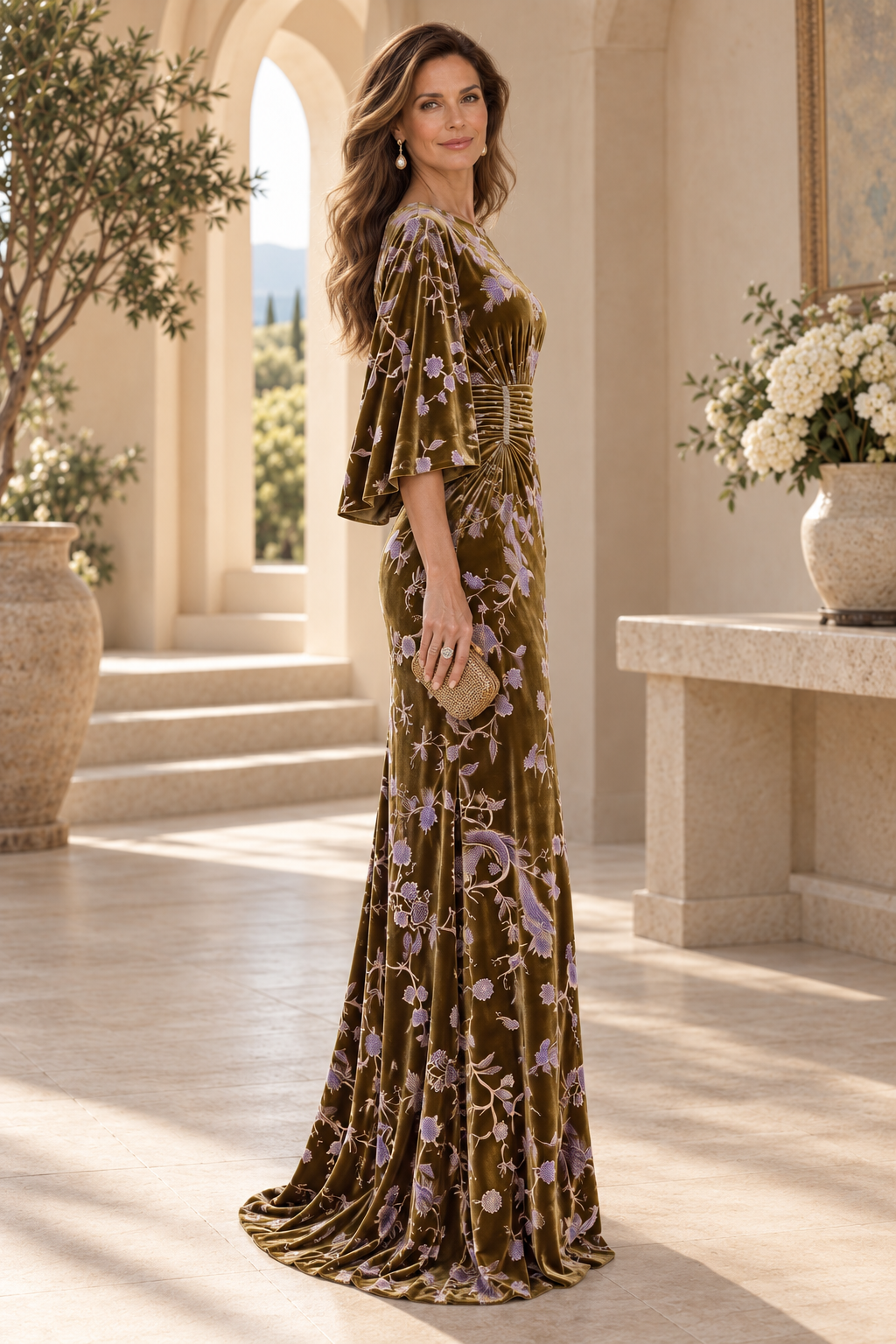 Floral Velvet Bell Sleeve Gown with Ruched Waist