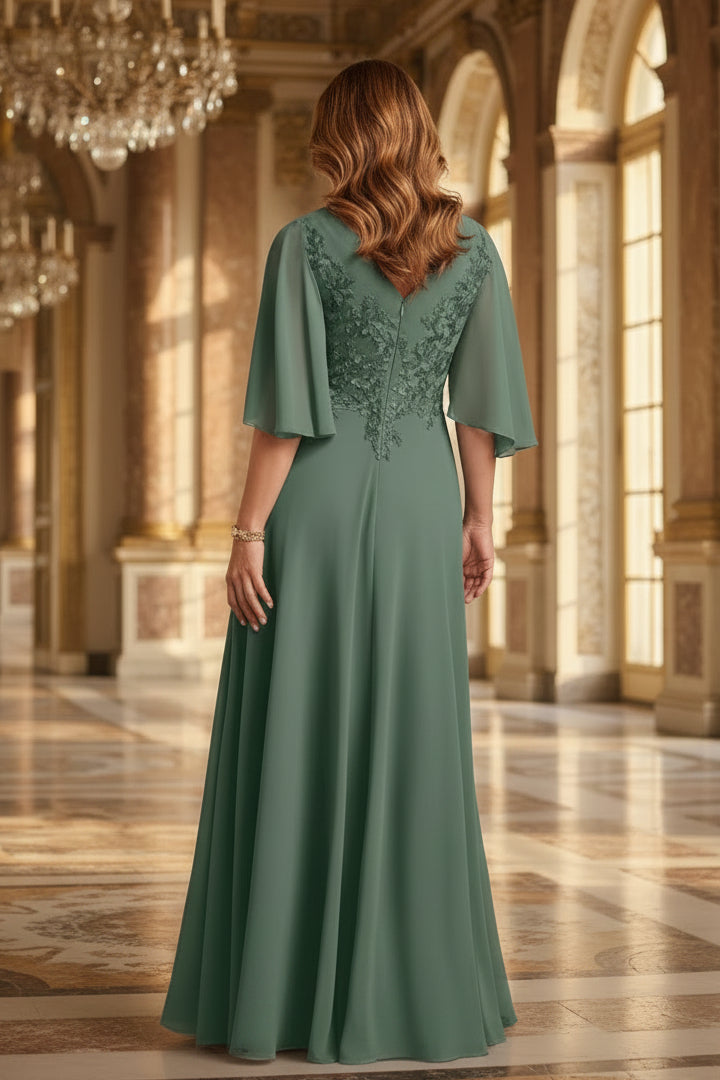 V-Ausschnitt A-Linien Chiffon-Abendkleid mit Flatterärmeln