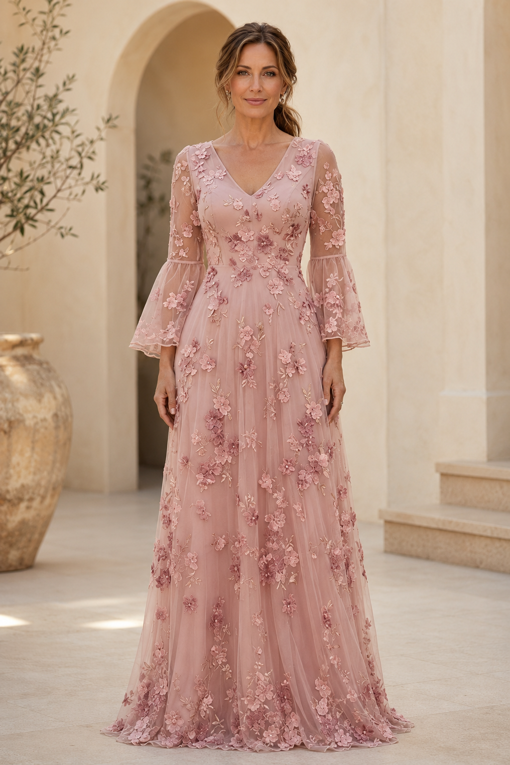A-Linien-Kleid mit 3D-Blumenapplikationen und Glockenärmeln