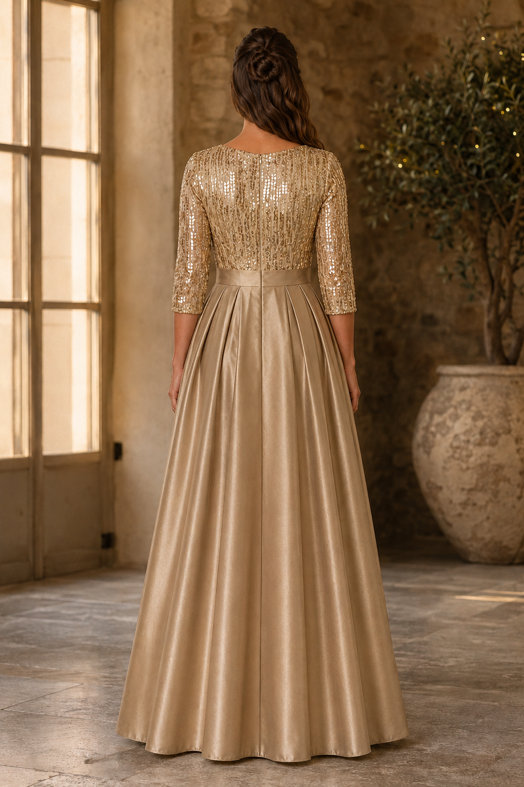 Plissiertes A-Linien-Kleid mit Pailletten-Oberteil und 3/4-Ärmeln