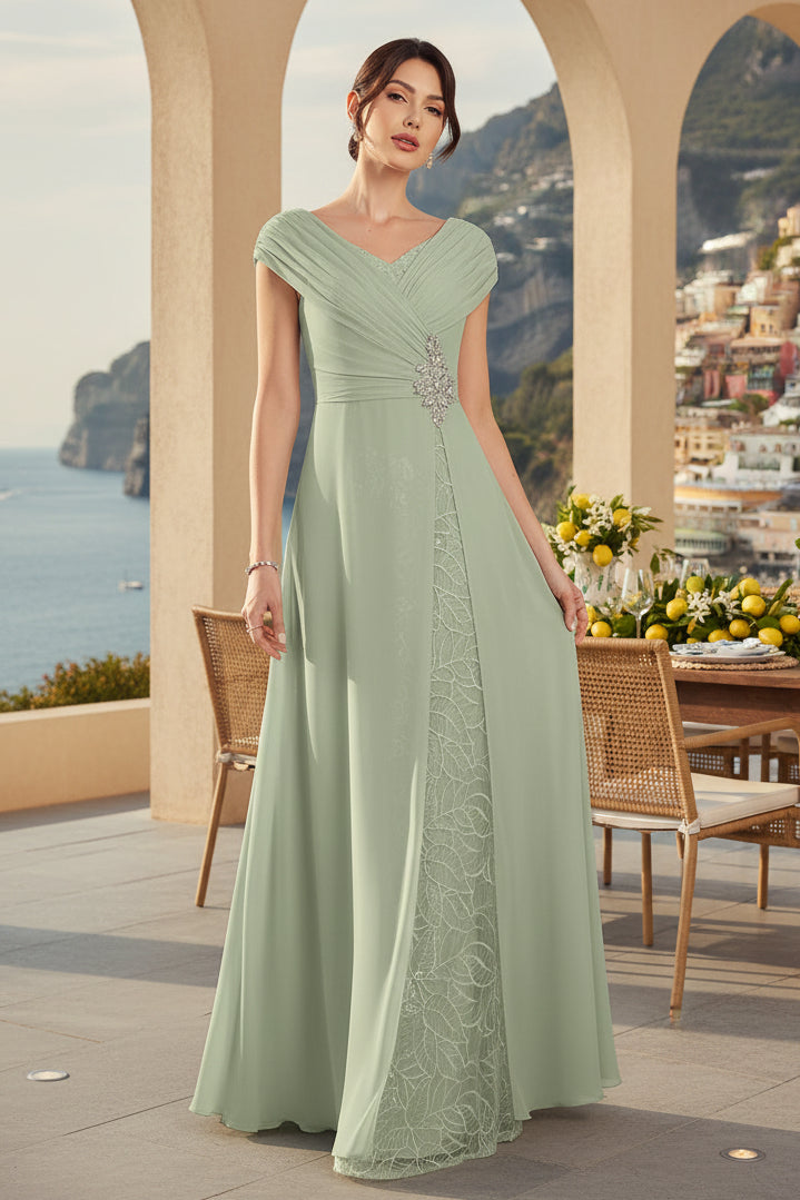 Abendkleid aus Chiffon mit V-Ausschnitt und Falten im A-Linien-Schnitt