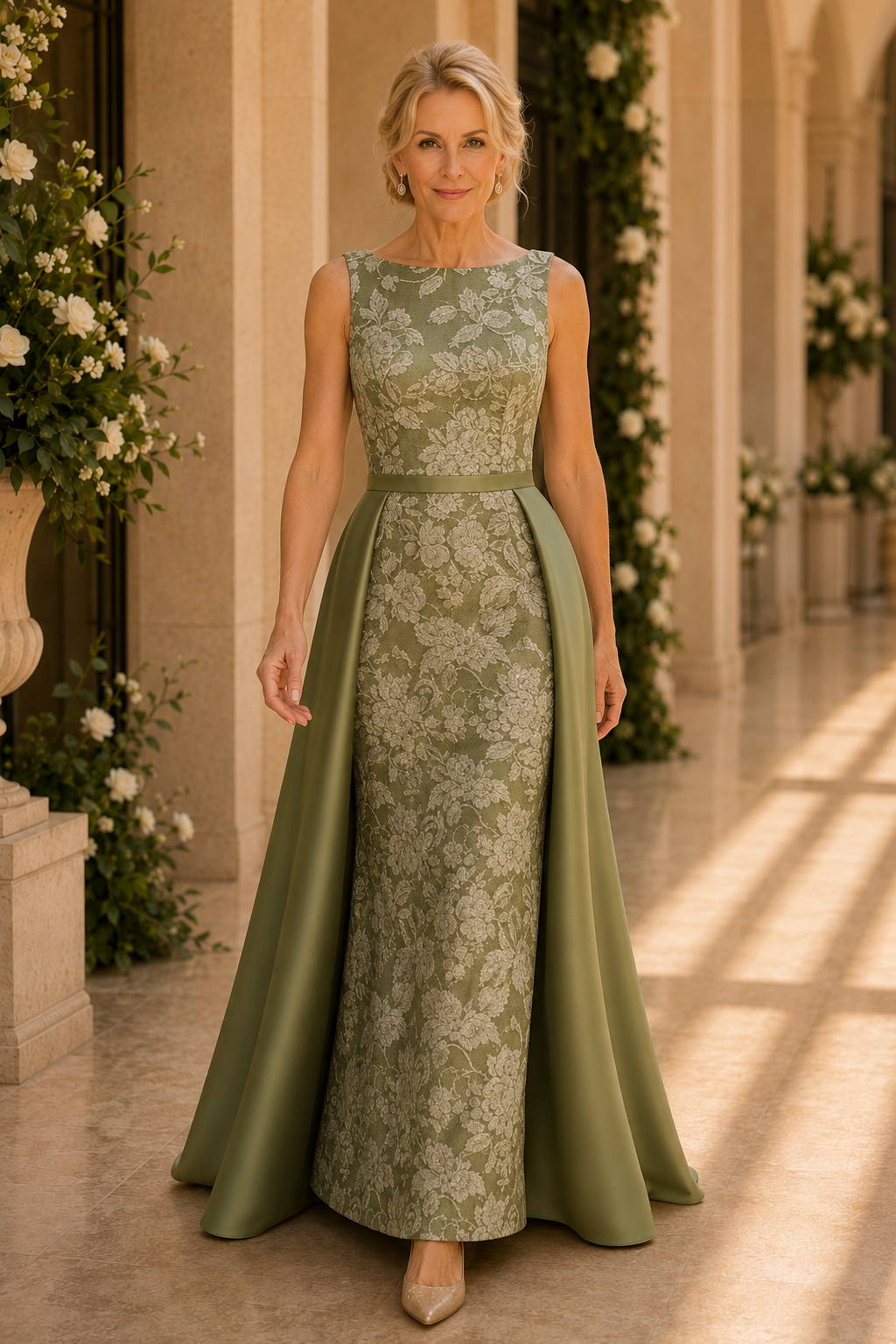 Säulenkleid aus floralem Jacquard mit Satin-Überrock