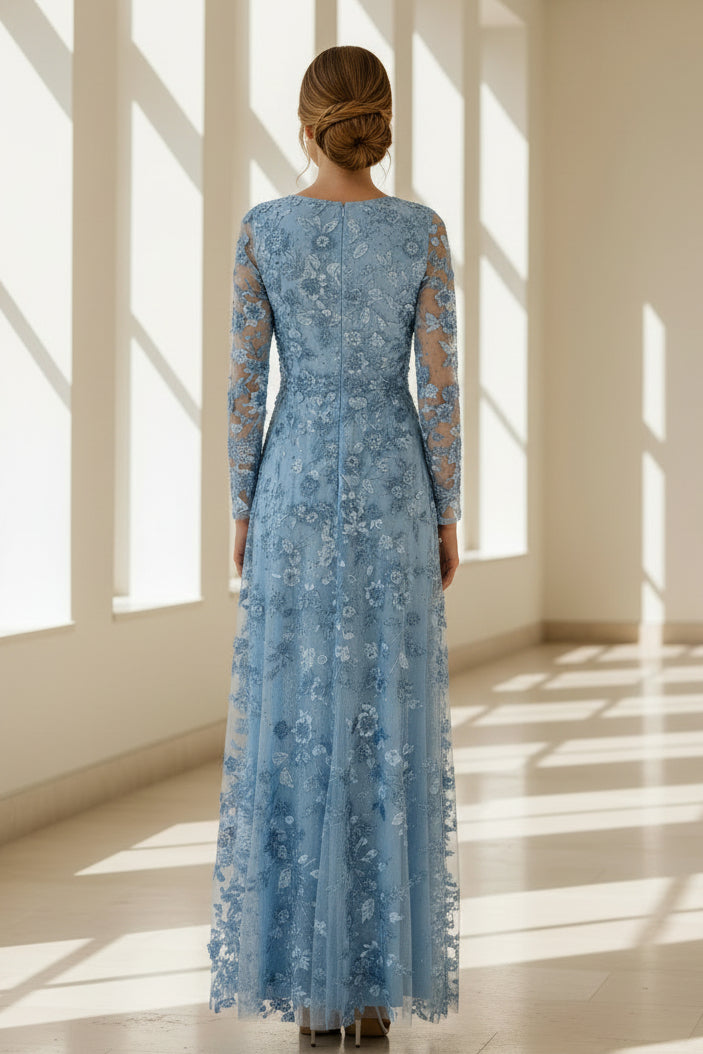 3D-Blumenapplikation Langarm A-Linien-Kleid