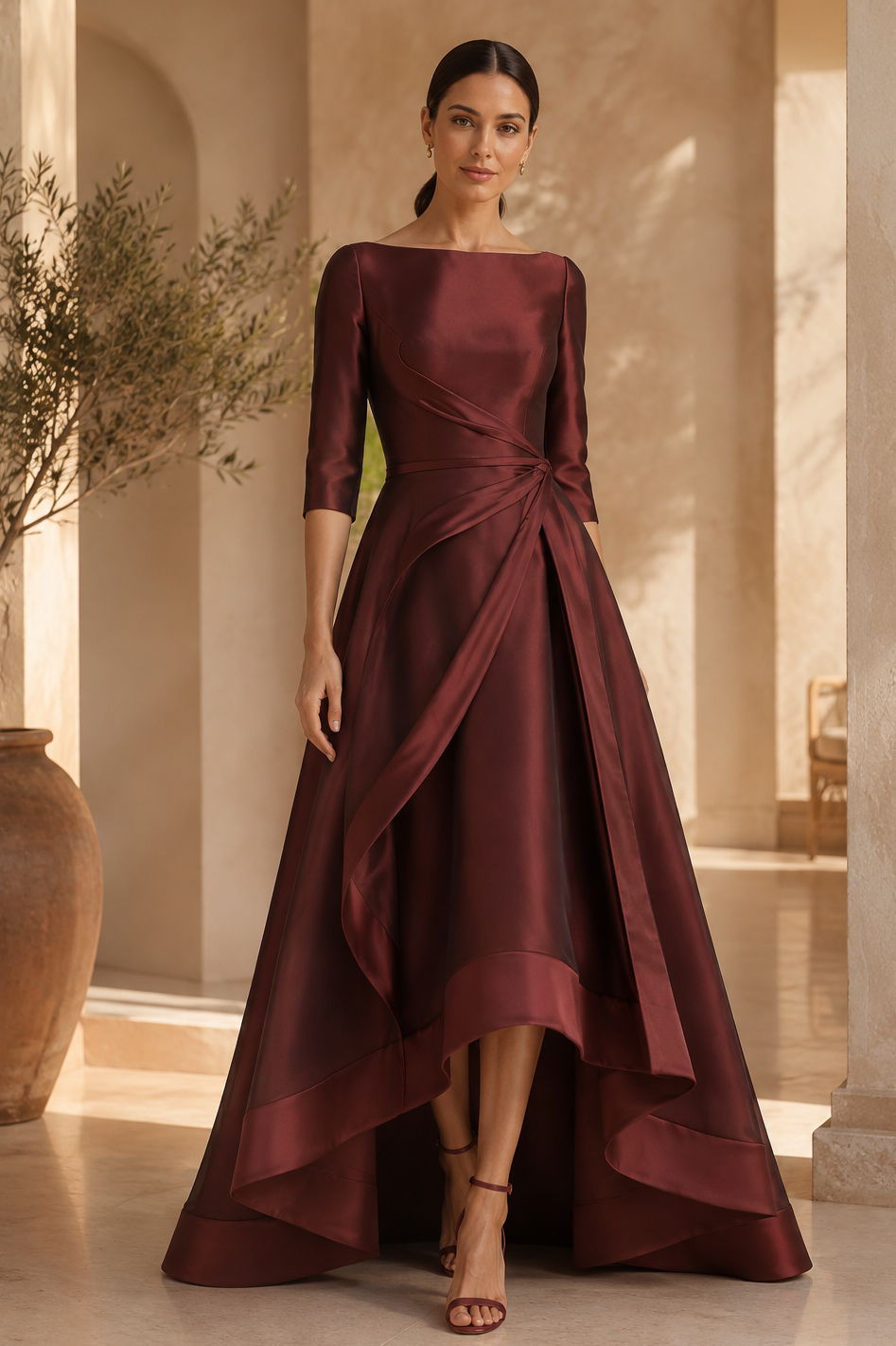 High-Low-Abendkleid mit Bateau-Ausschnitt und 3/4-Ärmeln