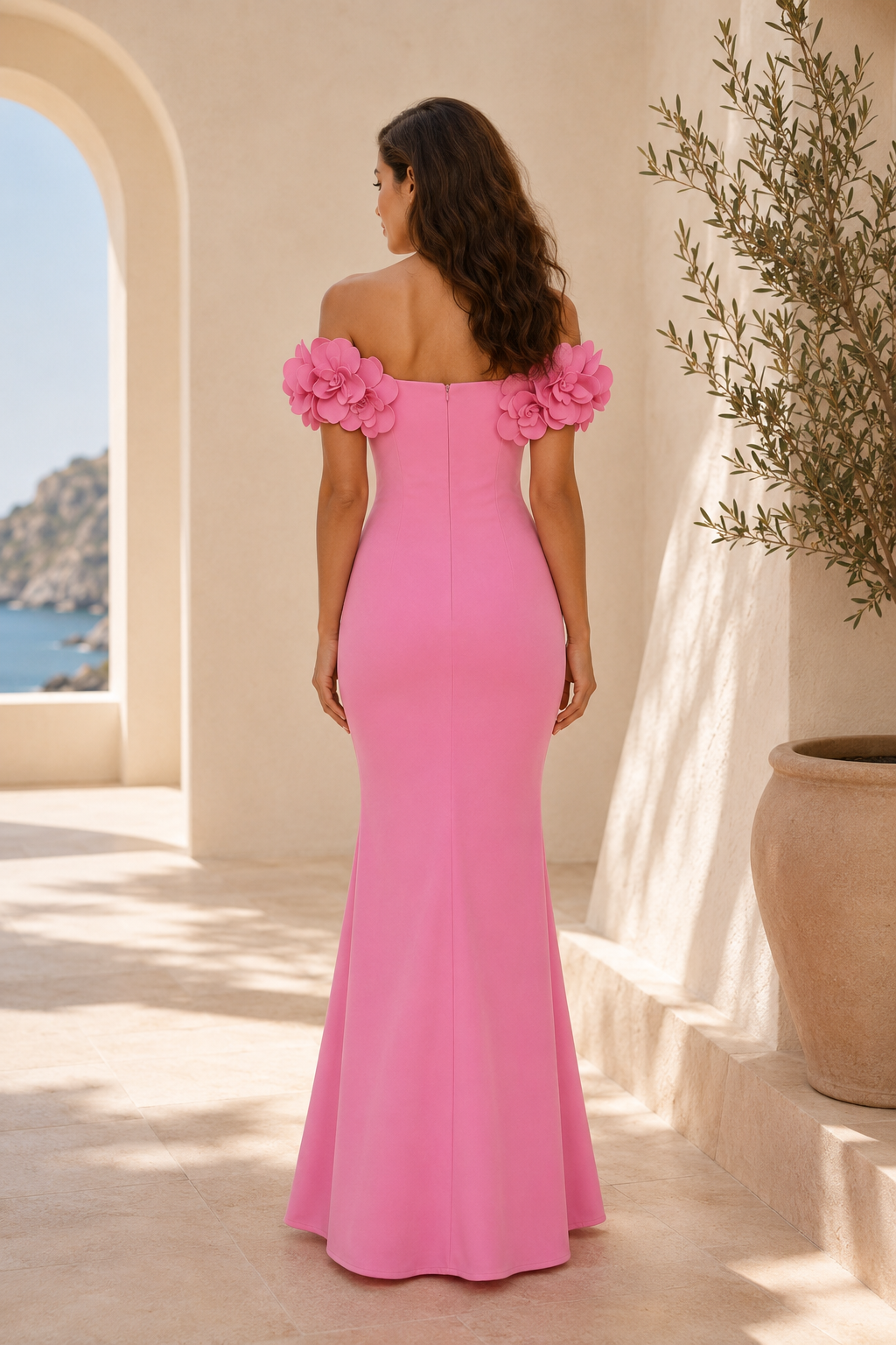 Florales 3D-Off-Shoulder-Abendkleid im Meerjungfrauen-Stil