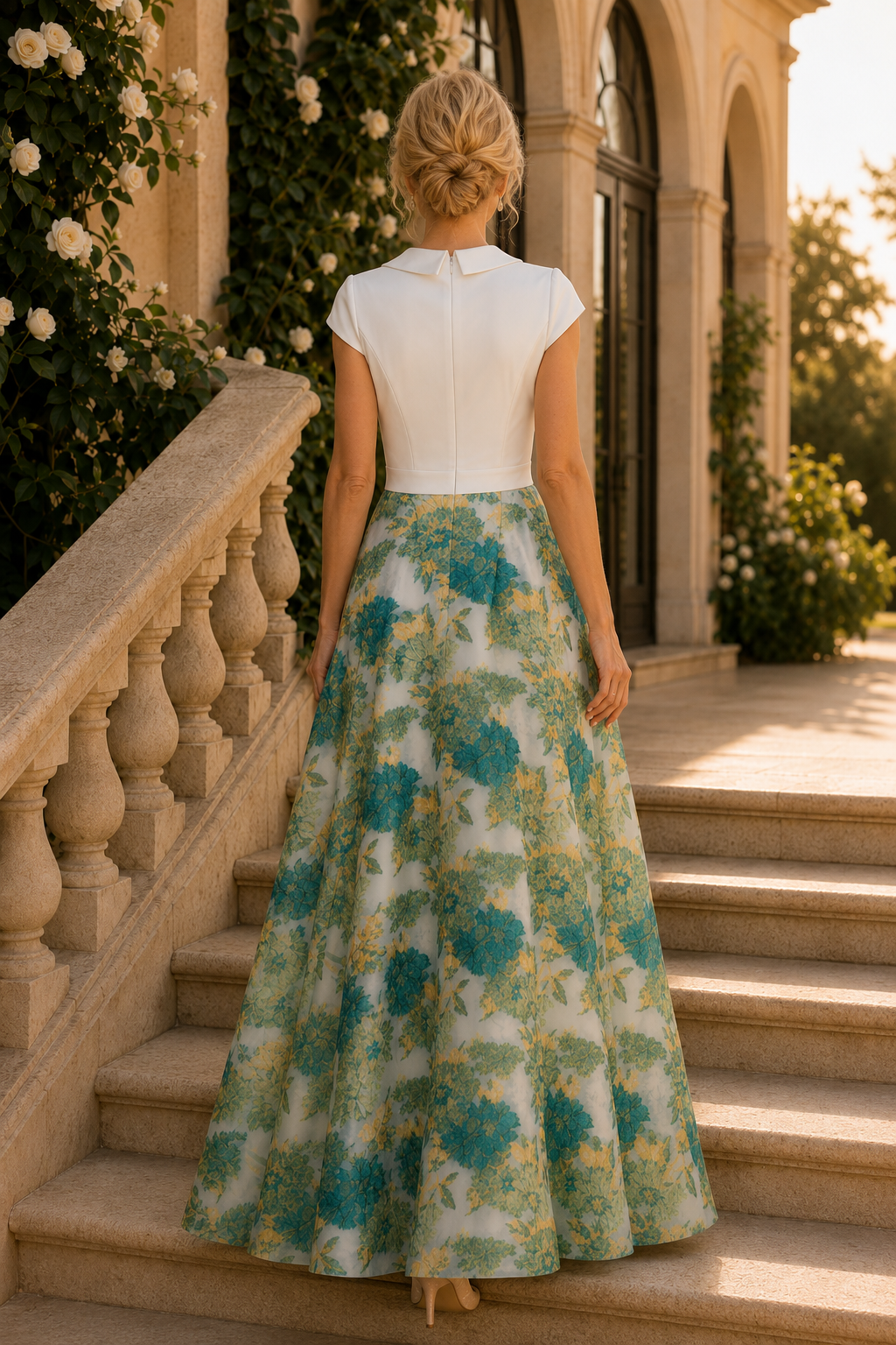 Abendkleid mit Revers, V-Ausschnitt, Blumenmuster und A-Linie
