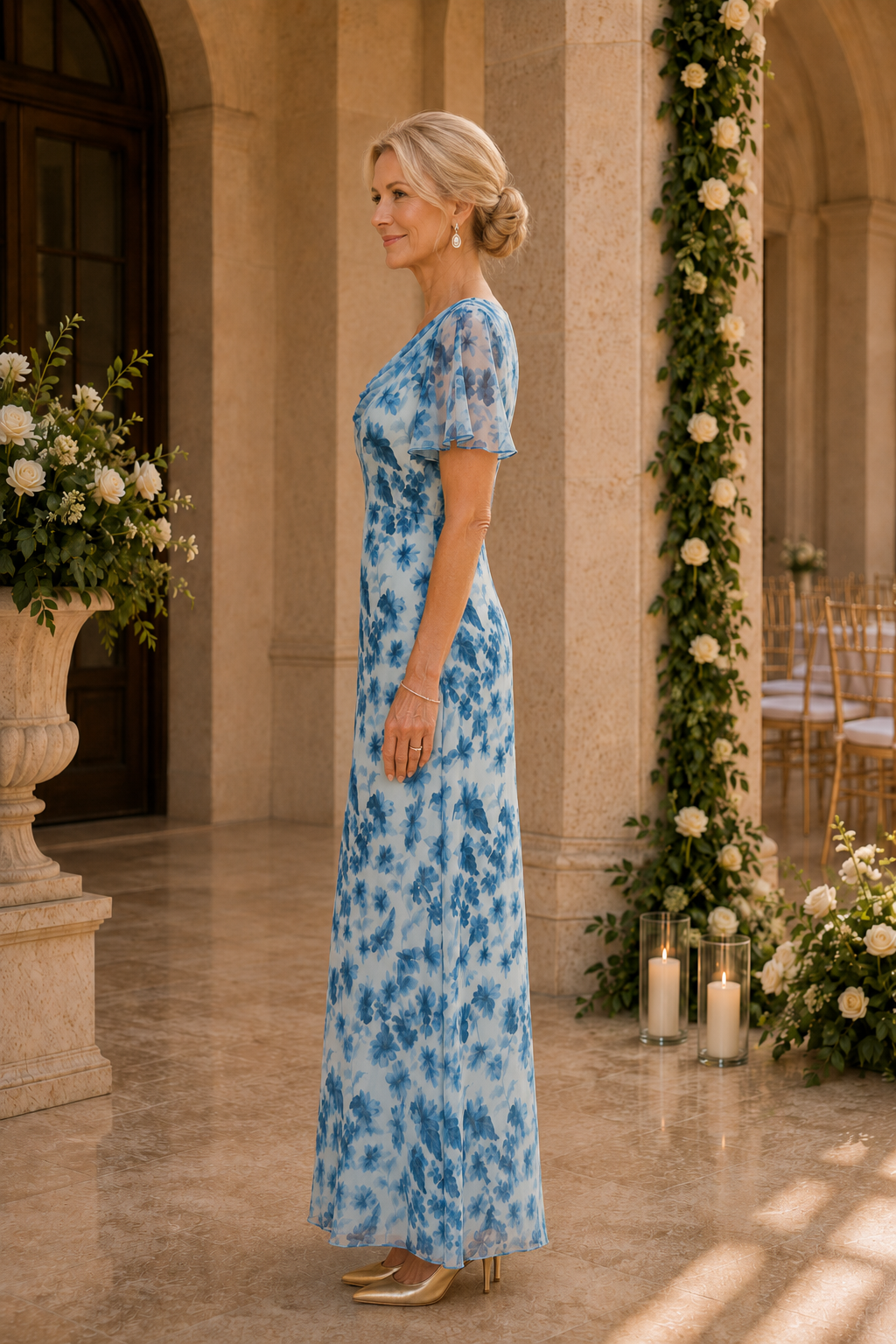 Maxikleid mit Blumenmuster, Wasserfallausschnitt und flatternden Ärmeln