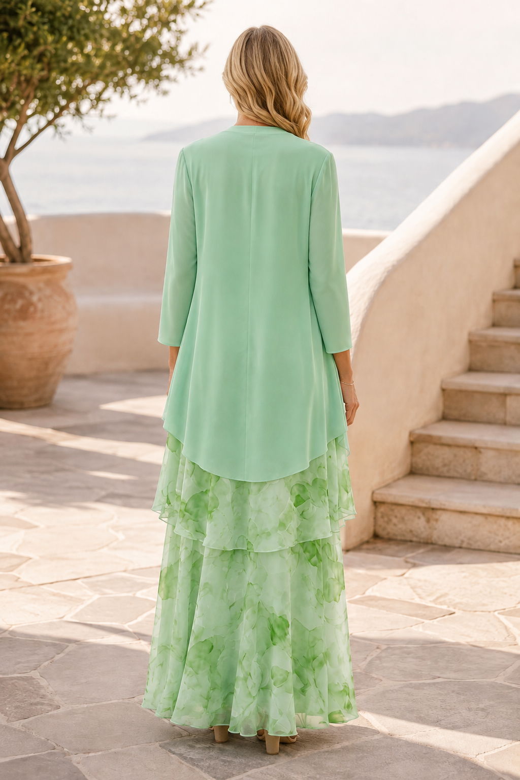 Maxikleid mit Blumenmuster und Stufenrock mit passender Jacke