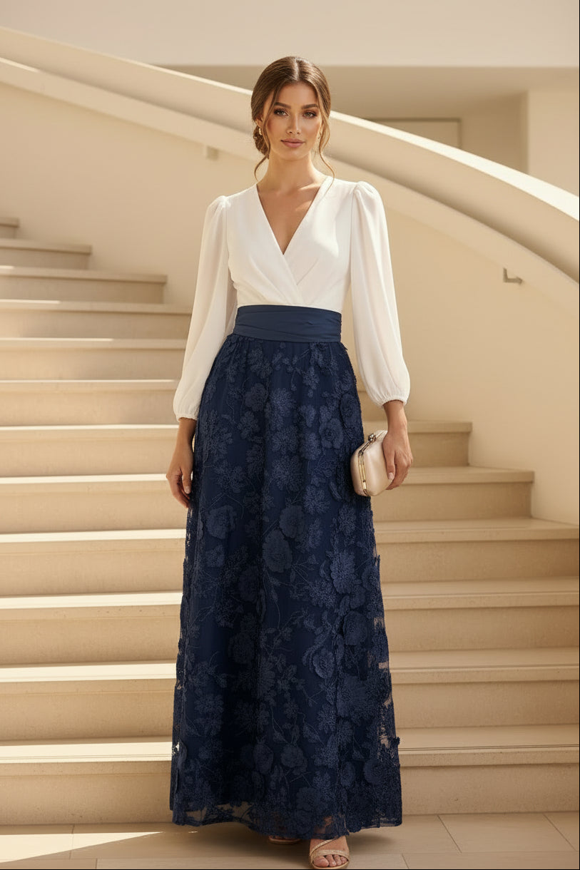 Langärmeliges V-Ausschnitt Maxikleid mit 3D-Blumenmuster für den Abend